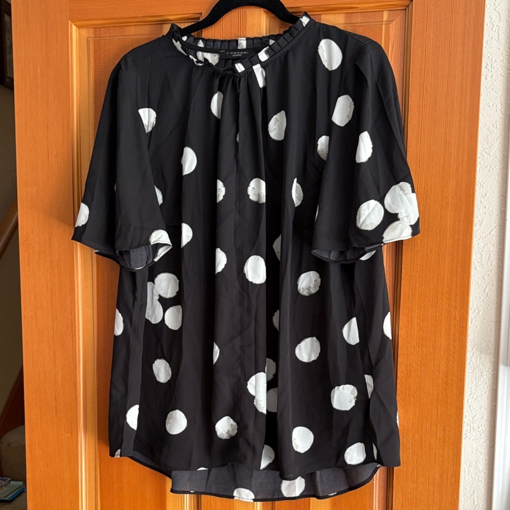 NWT T Tahari Black Blouse with White Dots